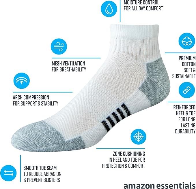 Amazon Essentials Men's Athletic Ankle Socks, Cushioned with Arch Support, Moisture Wicking