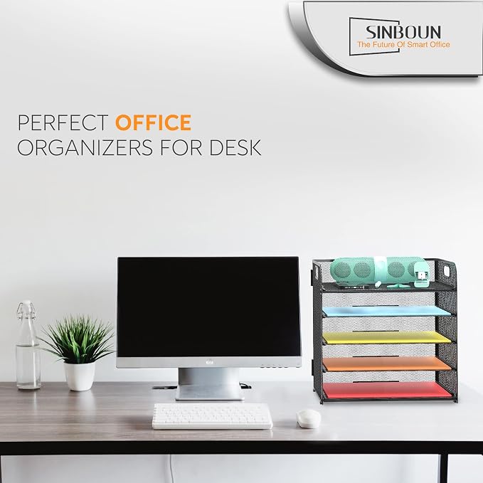 Letter Tray Paper Organizer 5-Tier Desk Organizer File Organizer Paper Holder with Handle, Metal Desktop Document Shelf Tray Office Classroom Organization - Black