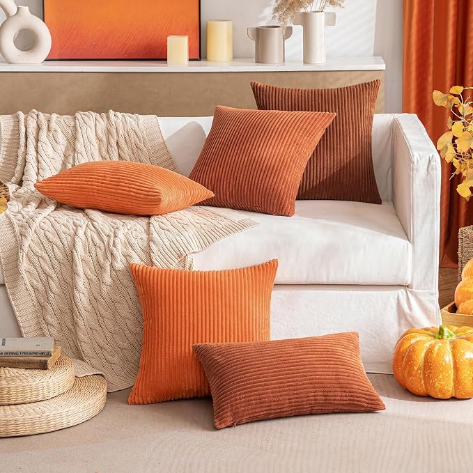 MIULEE Fall Soft Corduroy Throw Pillow Covers Set of 2 18x18 Dark Rust | Decorative Striped Textured Cushion Cases, Boho Rustic Square Pillowcases, Home Decor for Couch Chair Sofa Bed Living Room