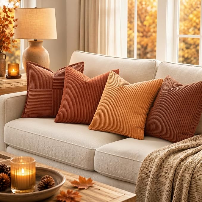 MIULEE Fall Decorative Corduroy Throw Pillow Covers Set of 2 16x16 Rust | Soft Striped Textured Cushion Cases, Boho Rustic Square Pillowcases for Home Decor, for Couch Chair Sofa Bed Living Room