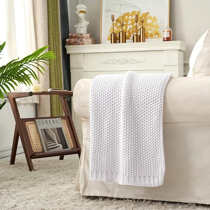 Chunky Cable Knit Throw Blanket Lightweight White 100% Organic Cotton Blanket for Sofa Couch Bed Baby Nursery, Rustic Shabby Chic Modern Farmhouse, Pure White 51” x 63” Give Laundering Bag