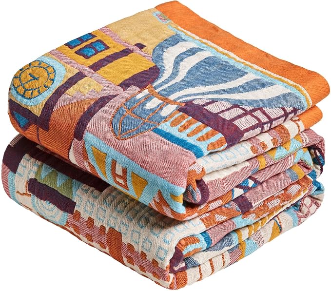 LUTBM Boho Throw Blanket for Bed 60"x80", All Season Cotton Couch Blankets | Reversible Classical Architecture Jacquard, All-Season Twin Lightweight Quilt, For Chair Sofa Bedroom Living Room Decor