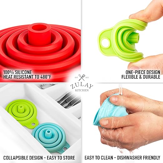 Zulay Kitchen Silicone Collapsible Funnels for Kitchen – 4 Pack Foldable Food Grade Funnels, Small & Large, Heat Resistant, BPA-Free – Funnel Set for Filling Bottles, Jars, Oil & Liquid Transfer