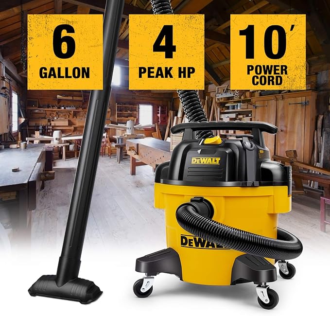 DEWALT DXV06P 6 Gallon Poly Wet/Dry Vac, Yellow - Includes WS17854A 1-7/8-Inch Shop Vacuum Attachment Kit