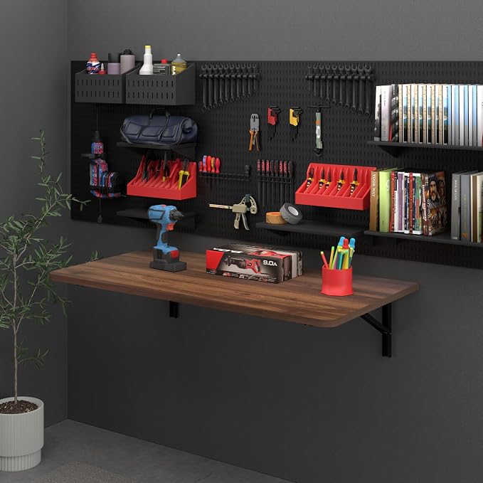 IAE 36x22in Floating Fold Desk,Wall-Mounted Folding Computer Table,Walnut | Study Table with Shelf Brackets,Foldable Down Shelf with Engineered Wood,Fold Computer Desk for Small Apartment,Holds 503 lb