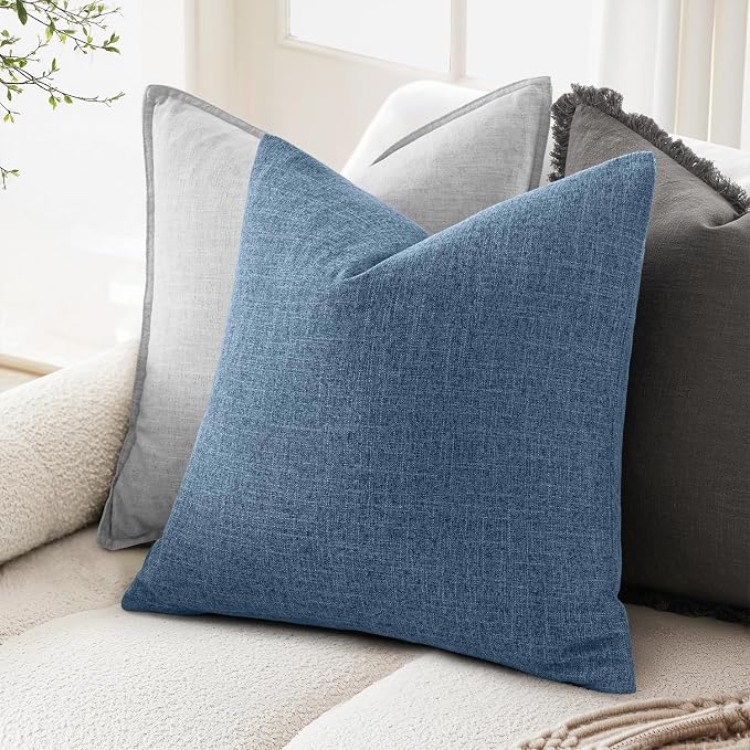 MIULEE Pack of 2 Decorative Linen Burlap Pillow Covers Farmhouse Boho Accent Euro Pillowcases Modern Home Decor for Couch Sofa Bedroom Living Room 24x24 Inch Steel Blue