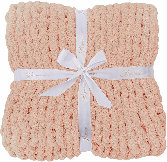 Bigacogo Chunky Knit Throw Blanket for Couch, 40x60 inches, Peach Fuzz | Hand Knit with Jumbo Chenille, Soft Breathable Cable Knit for Sofa Bed Living Room, Machine Washable, Gift for Mom Friend