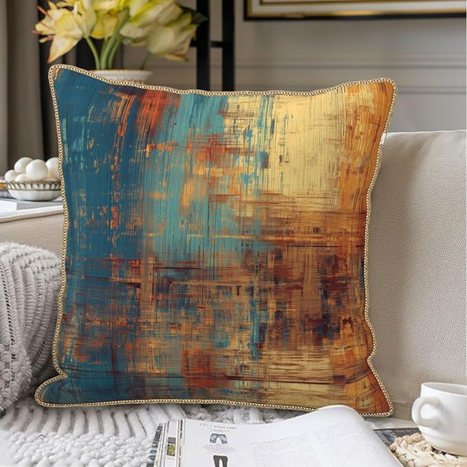 Vintage Abstract Teal Orange Velvet Pillow Covers 16x16 InchMessy Blue Rust Throw Pillows for Couch Cushion Covers Pillowcase Retro Colorful Art Pillow Cases for Sofa Bed Living Room