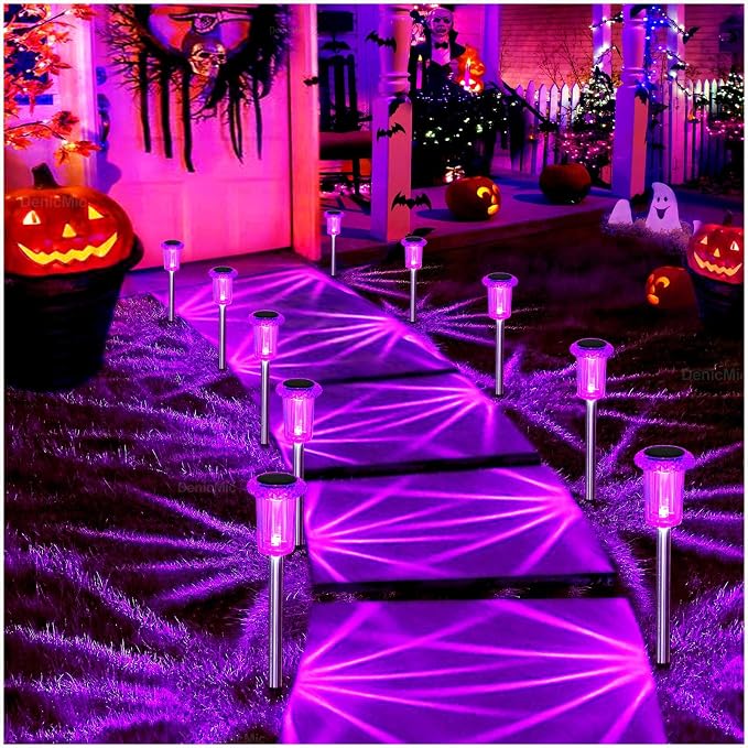 DenicMic Solar Halloween Lights Outdoor Waterproof 10 Pack Halloween Decor | Stake Lights for Yard Pathway Garden Walkway Driveway Patio Lawn, Auto On/Off Purple LED Halloween Decorations Outdoor