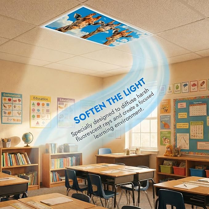Fluorescent Light Covers for Ceiling Lights -Magnetic Cloud Cover for Fluorescent Or LED Fixture 2ft x 4ft Classroom,Home,Office Decoration Filters Overhead Lighting-Three giraffes