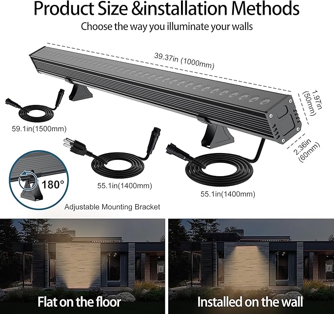 Linkable RGBCW LED Wall Washer Light, IP65 Waterproof Color Changing Light Bar for Outdoor Wall Wash, 180W Dimmable Uplight with APP & RF Remote Control, Music Sync, Timer