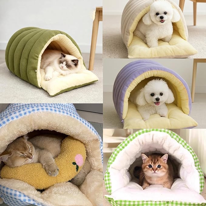 Expectation Cat Bed, Removable and Washable Winter Closed-Off Cat Bed, Soft Fluffy Warm Autumn/Winter Cats House, Washable Non-Slip Pet Sleeping Bag for Indoor Cats Small Dogs (Beige,Large)