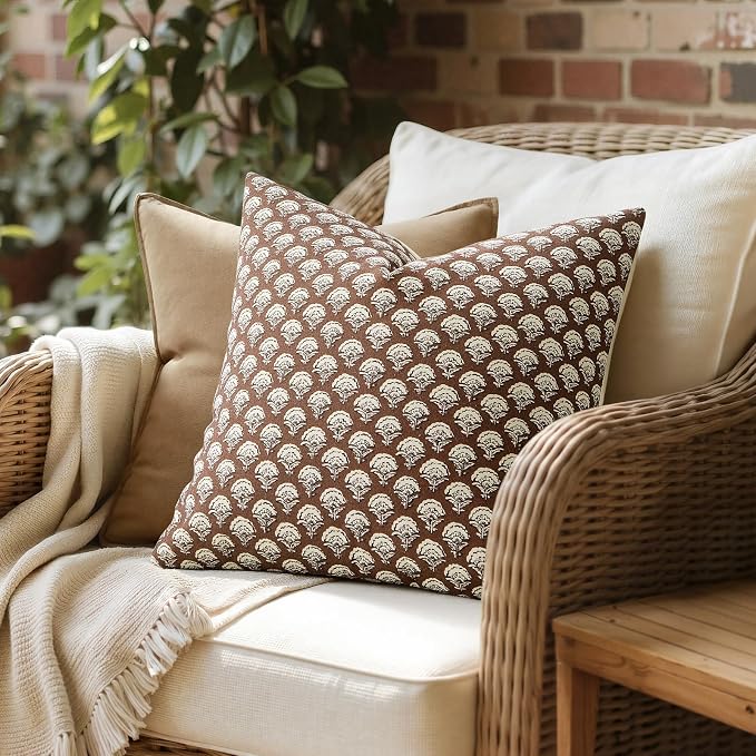MIULEE Fall Floral Print Decorative Pillow Covers 18x18, Dark Brown | Vintage Boho Farmhouse Modern Home Decor, Set of 2, Block Print Cushion Covers for Couch Sofa Bed Living Room