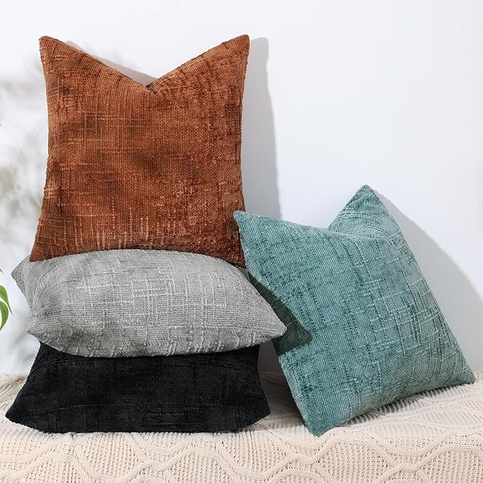 decorUhome Textured Chenille Throw Pillow Covers 22x22 Set of 2 Black | Fall Modern Farmhouse Soft Cozy Slubby Couch Pillow Cases Boho Decorative Pillow Cases for Bed Sofa Living Room Home Decor
