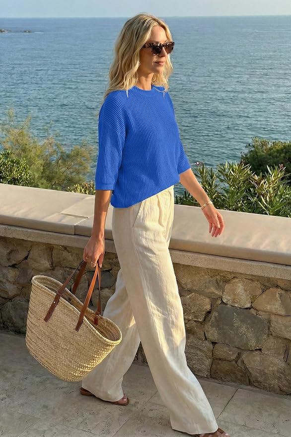 Arach&Cloz Womens Summer 100% Cotton Oversized Crochet Tops 3/4 Length Sleeve Sweater Hollow Out Casual Blouses 2026