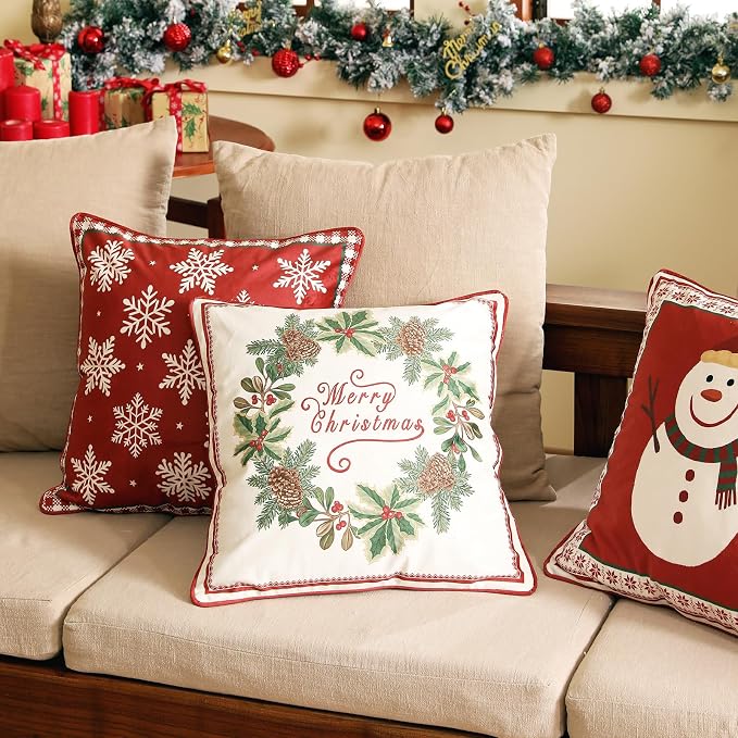 French Chrismas Velvet Throw Pillow Cover,Set of 2,18"x18"-Carol D | Vintage Square Pillow Cover,Concealed Zipper Design,Pinecones Pattern,Sofas,Bedroom,Living Room,Lounge Chairs,Decor