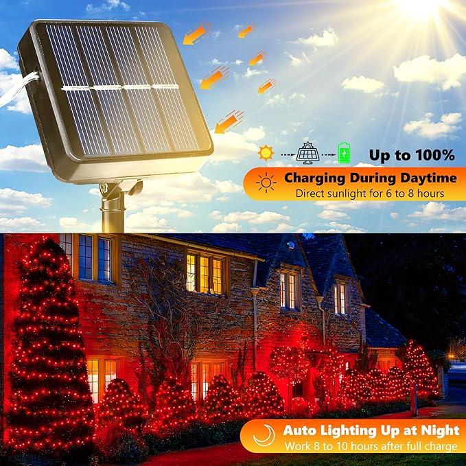 Joomer Solar Fairy Lights, 2-Pack Total 80FT 240LED Solar String Lights Outdoor Waterproof 8 Lighting Modes for Fence Party Garden Patio Yard Home Holiday Tree Outdoor Decoration (Red)