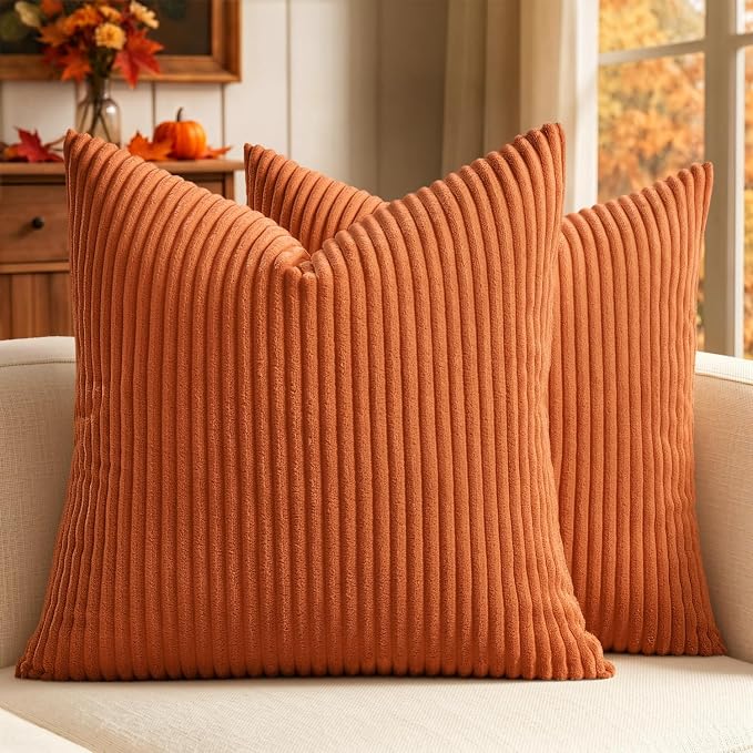 MIULEE Fall Decorative Corduroy Throw Pillow Covers Set of 2 16x16 Orange | Soft Striped Textured Cushion Cases, Boho Energetic Vibe Pillowcases for Home Decor, for Couch Chair Sofa Bed Living Room