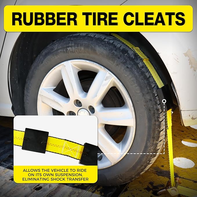 Car Hauler Straps Heavy Duty 10,000 lbs Break Strength-3-Point Tire Tie Down Straps for Trailers,Over The Wheel Tie Downs with Rubber Cleats for SUV,Truck,ATV,UTV