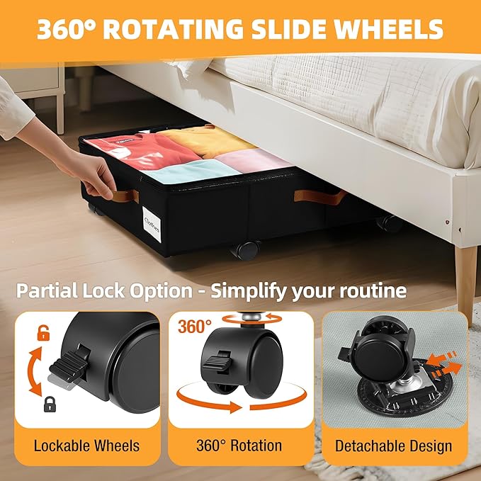 4 Pack Under Bed Storage–30.5×17×6.5" Under the Bed Storage with Wheels Sturdy Sidewalls/Bottom, Clear Cover, Label and PU Handle, Rolling Underbed Drawers for Clothes, Shoes, Toys, Blankets,Black