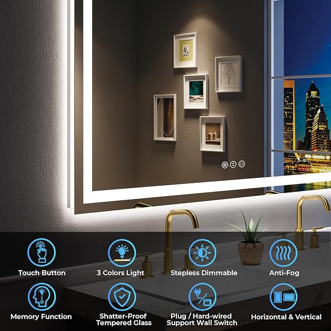 60x40 Inch LED Bathroom Mirror with Lights Front and Backlit Lighted Vanity Mirror for Bathroom Wall with 3 Colors Dimmable Anti-Fog Memory Shatter-Proof IP54 Waterproof Horizontal/Vertical