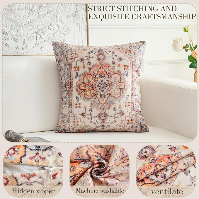 Boho Throw Pillow Covers 24x24 inch Set of 2,Boho Vintage Carpet Pattern Antique Ethnic Decor Double Sided Pattern Cushion Cover Soft Pillow Case Living Sofa Room Bed Square Pillow Cover