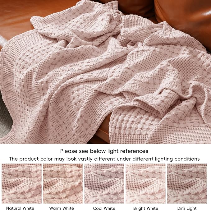 PHF 100% Cotton Waffle Weave Blanket King Size, Lightweight Breathable Summer Blanket for Hot Sleepers, Pre-Washed Soft Layer for Bed, Couch, Home Decor Gift, 108"x90", Pink/Mauve