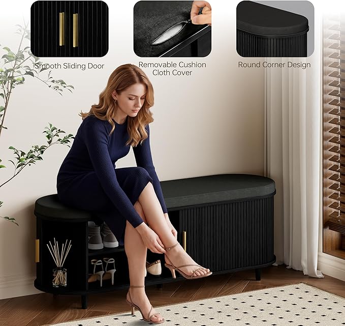 Entryway Bench with Storage: 51.2" Wooden Bedroom Shoe Bench with Thickened Padded Seat Cushion, Mid Century Modern Fluted Sliding Door and Adjustable Shelf, for Entryway, Living Room