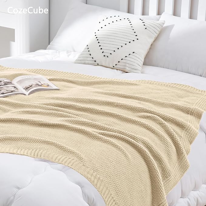 CozeCube Light Beige Seed Stitch Throw Blanket 50"x60", Farmhouse Decor | Blanket for Couch, Soft Cozy Cable Knit Throw for Bed Sofa Living Room, Lightweight Warm Decorative Christmas Blanket