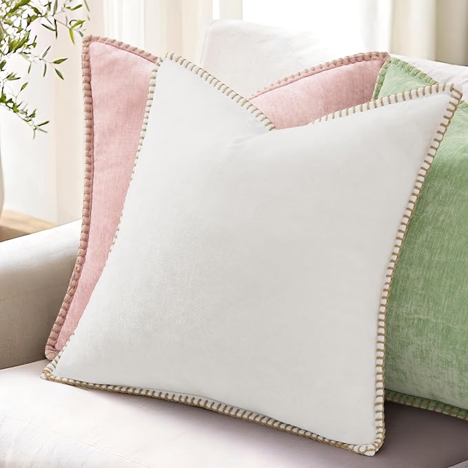 decorUhome Soft Chenille Throw Pillow Covers 16x16 Set of 2 Sage Green | Fall Textured Decorative Throw Pillow Cases Stitched Edge Modern Farmhouse Luxury Boho Velvet for Couch Sofa Bed Home Decor