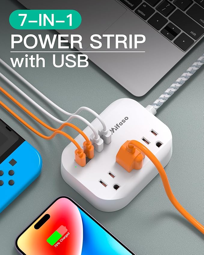 Cruise Ship Essentials - Mifaso Power Strip with USB Ports, 5Ft Flat Extension Cord with Multiple Outlets, USB Charging Station with Non Surge Protector for Cruise Ship, Travel, Dorm Room Essentials