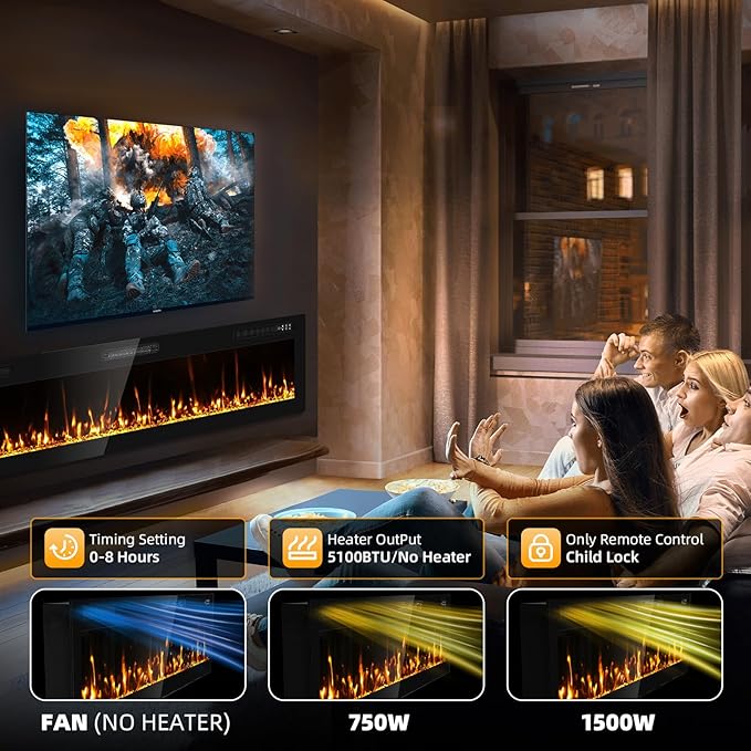 2025Upgraded 72” Recessed and Wall Mounted Electric Fireplace, Ultra Thin Narrow Beleze Fire Places with Remote Control, Screen Control,Adjustable Flame Colors and Speed