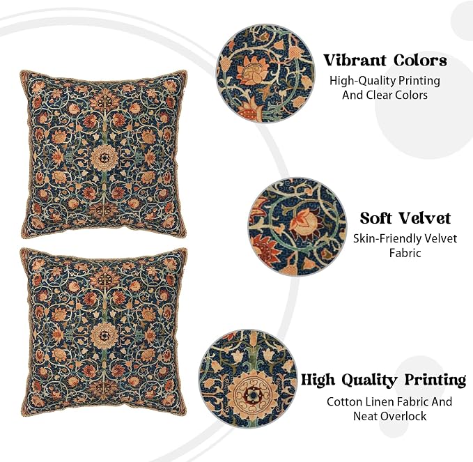 Vintage Floral Soft Velvet Throw Pillow Covers Set of 2 Burnt Orange Navy Flowers Plant Decorative Pillow Covers 18x18 Inch Art Botanical Pillow Case For Sofa Couch Outdoor Farmhouse Home Decor