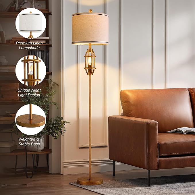 62.5" Floor Lamp for Living Room Industrial Gold Standing Tall Lamps for Bedroom Mid Century Modern Corner Floor Lamps for Office Nursery Reading Light Room Lamp, Bulbs Included