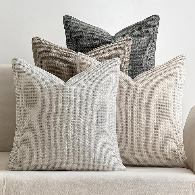 MIULEE Pack of 4 Couch Throw Pillow Covers 18x18 Inch Neutral Soft Decorative Chenille Pillow Covers Farmhouse Boho Cushion Covers for Mid Century Modern Spring Home Decor Sofa Bedroom Living Room