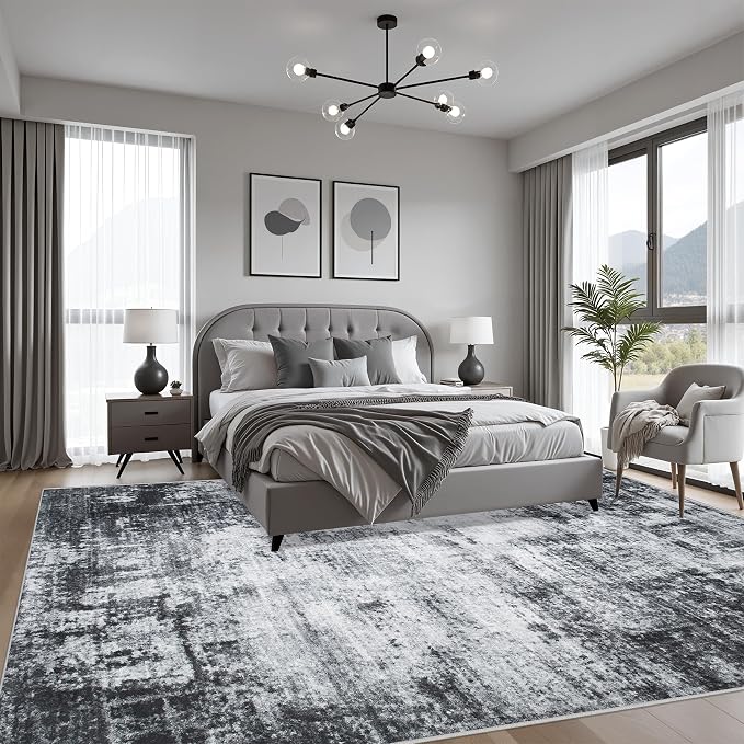 9x12 Area Rug Living Room Rug: Washable Modern Abstract Soft Thin Rug Indoor Floor No Slip Stain Resistant Carpet for Bedroom Dining Room Farmhouse Nursery Home Office - Dark Black