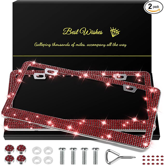 QUANQIUFEI 2 Pack Bling License Plate Frames for Women, Sparkly Rhinestone Diamond Car Accessories with Glitter Crystal Caps (Burgundy)