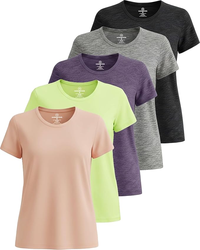 5 Pack Women's Dry Fit Short Sleeve Athletic Gym Workout Running Tops | Available in Plus Size, Exercise, Sports, Fitness, Quick Dry, Cooling, Moisture Wicking, Loose Basic Tees, Yoga, Pilates