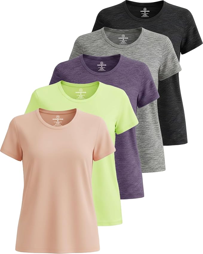 5 Pack Women's Dry Fit Short Sleeve Athletic Gym Workout Running Tops | Available in Plus Size, Exercise, Sports, Fitness, Quick Dry, Cooling, Moisture Wicking, Loose Basic Tees, Yoga, Pilates