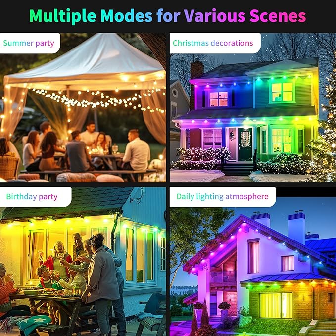 150ft Outdoor LED String Lights Waterproof Smart Control Light for Patio Yard House Porch Permanent Color Changing Lights for Garden and Holiday Use