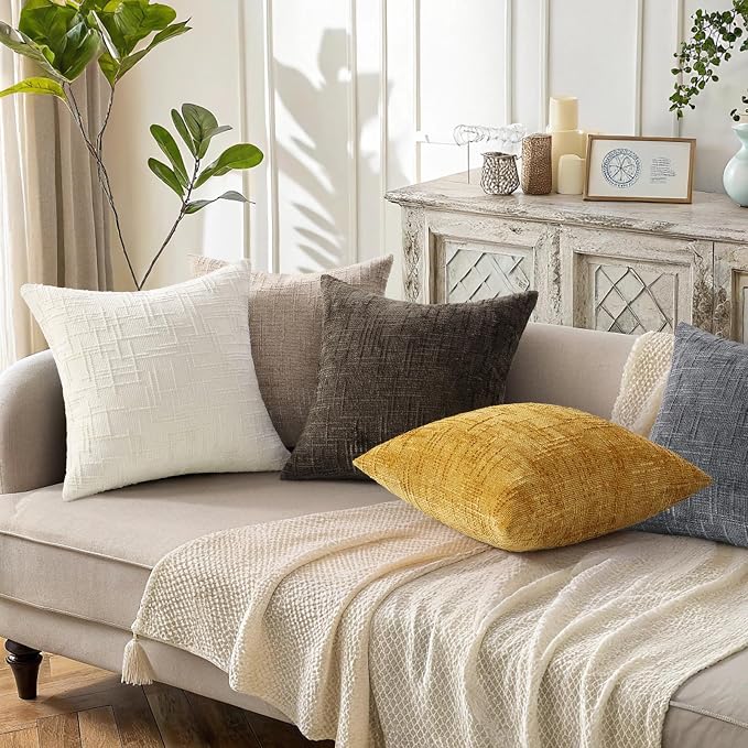 decorUhome Textured Chenille Throw Pillow Covers 24x24 Set of 2 Yellow | Fall Modern Farmhouse Soft Cozy Slubby Couch Pillow Cases Boho Decorative Pillow Cases for Bed Sofa Living Room Home Decor