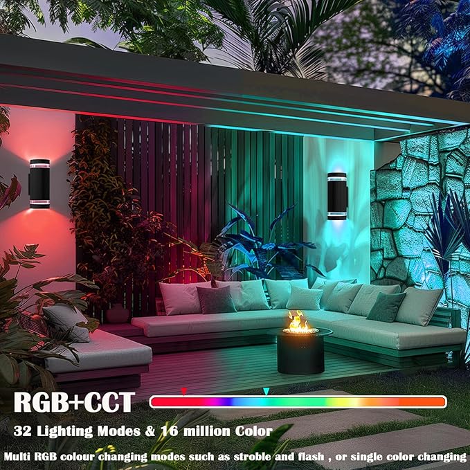 RGB Outdoor Wall Lights with RF Remote Control, Color Changing Porch Light, Up and Down Smart Wall Sconces with 2700k- 6500k RGB+CCT and 32 Modes-ETL Listed (2 Pack)