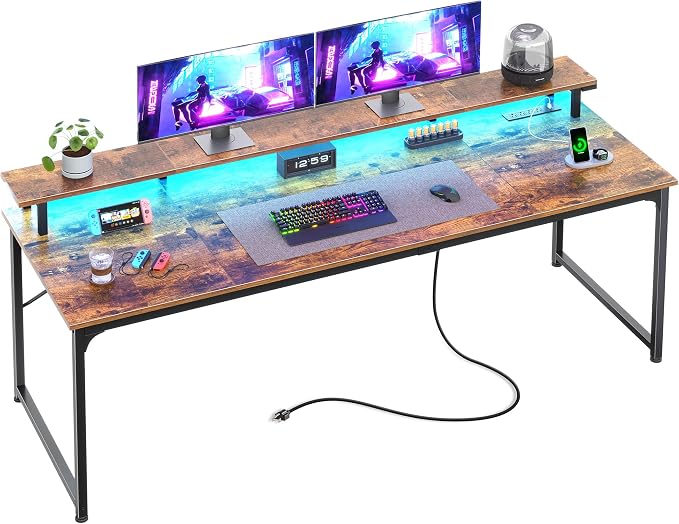 PRAISUN 63 inch Gaming Desk, LED & Outlets, Monitor Stand, Rustic Brown | Sturdy PC Desk for Home Office, Study & Work, LED Lights, 4 AC Outlets & USB-C Charging Station
