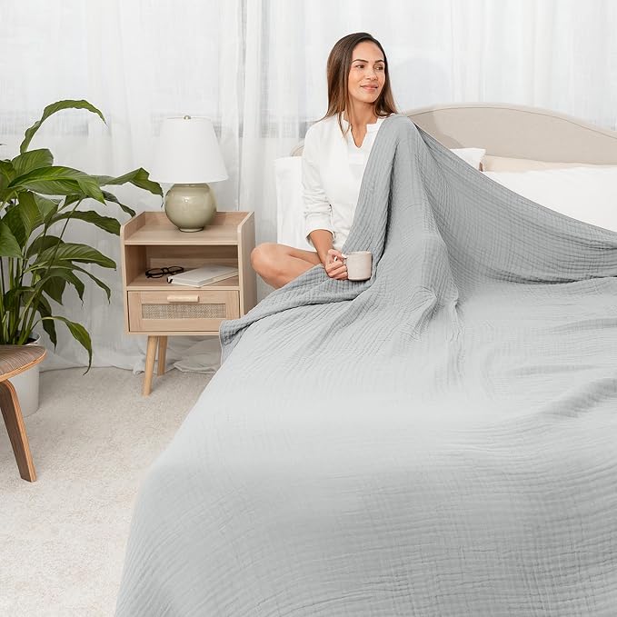 Comfy Cubs Adult Muslin Blanket 90x90” Queen Swaddle Blankets, Heather Blue | 6 Layer Soft, Breathable & Lightweight Muslin Adult Blanket - Machine Washable & Designed in the US Bedding for All Seasons