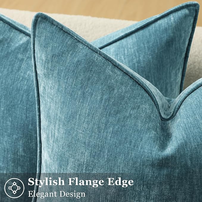 decorUhome Chenille Teal Velvet Throw Pillow Covers 26x26 Set of 2 | Fall Soft Euro Sham Couch Decorative Modern Farmhouse Pillow Cases with Elegant Design for Sofa Bed Living Room Home Decor