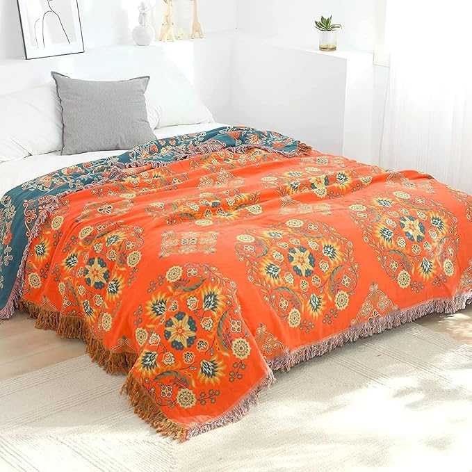 Throw Blankets Queen Size for Bed Couch,100% Cotton Soft Lightweight Blanket Rustic Quilt -Orange Floral Printed Farmhouse Decor Bed All Season Blankets,80"×90"