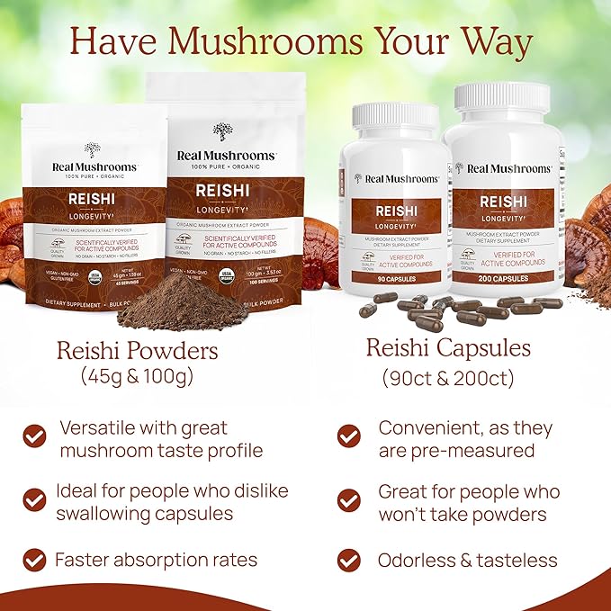Real Mushrooms Reishi Powder - Organic Mushroom Extract Supplement with Potent Red for Longevity, Mood, Sleep, Immune Support Vegan Supplement, Non-GMO, 100 Servings
