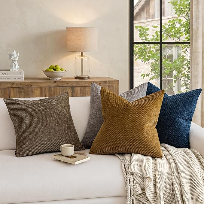 Fall Decorative Throw Pillow Covers Pack of 2,22x22 Inch Warm Brown | Twill Chenille Cushion Covers for Sofa Living Room Couch Bed