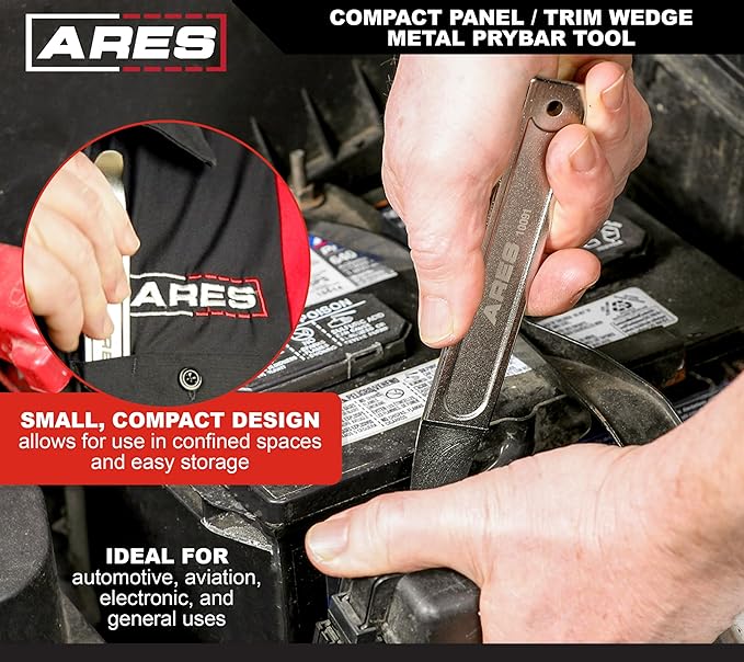 ARES 10091 - Mini Pry Bar Tool - Compact Panel/Trim Wedge - Durable Metal Pry Bar Easily Removes Trim, Paneling, Sheet Metal, Fasteners, and More - Compact Design Skin Wedge for Use in Confined Spaces