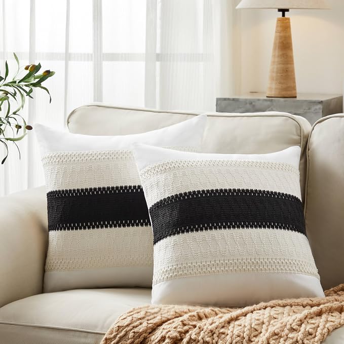 2pk Boho Pillow Covers 20x20, Natural White/Contrast/Black | 100% Organic Cotton Body, Stripe Embroidery, Farmhouse Decorative Cushion Covers for Sofa Bed Living Room Home Decor